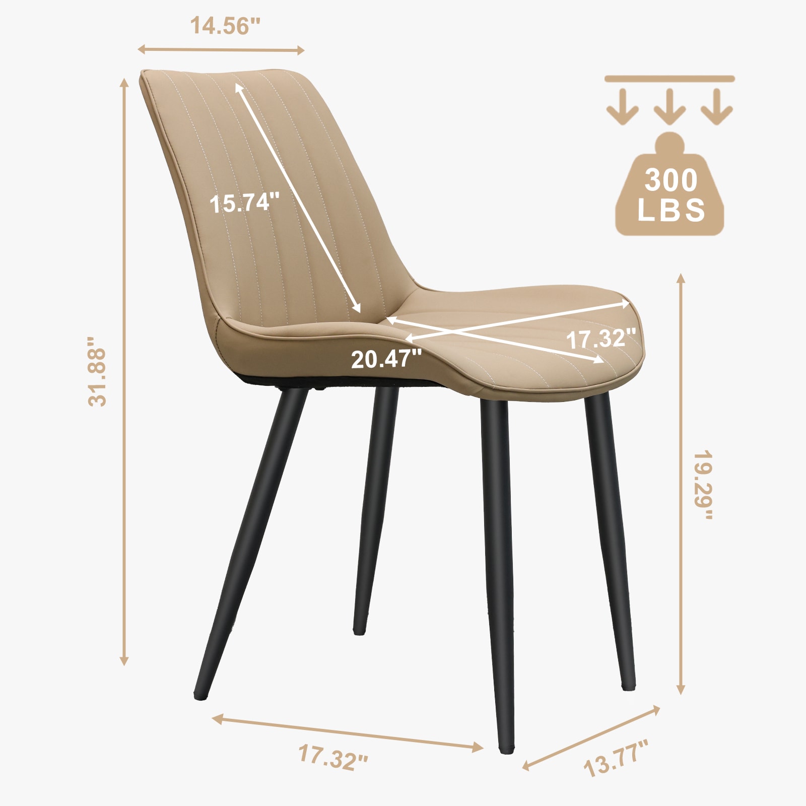 Khaki PU Leather Dining Chair With Metal Legs, Wave Pattern Upholstered Armless Chair Set Of 4 For Kitchen, Restaurant, Living, Meeting Room_voghion.com